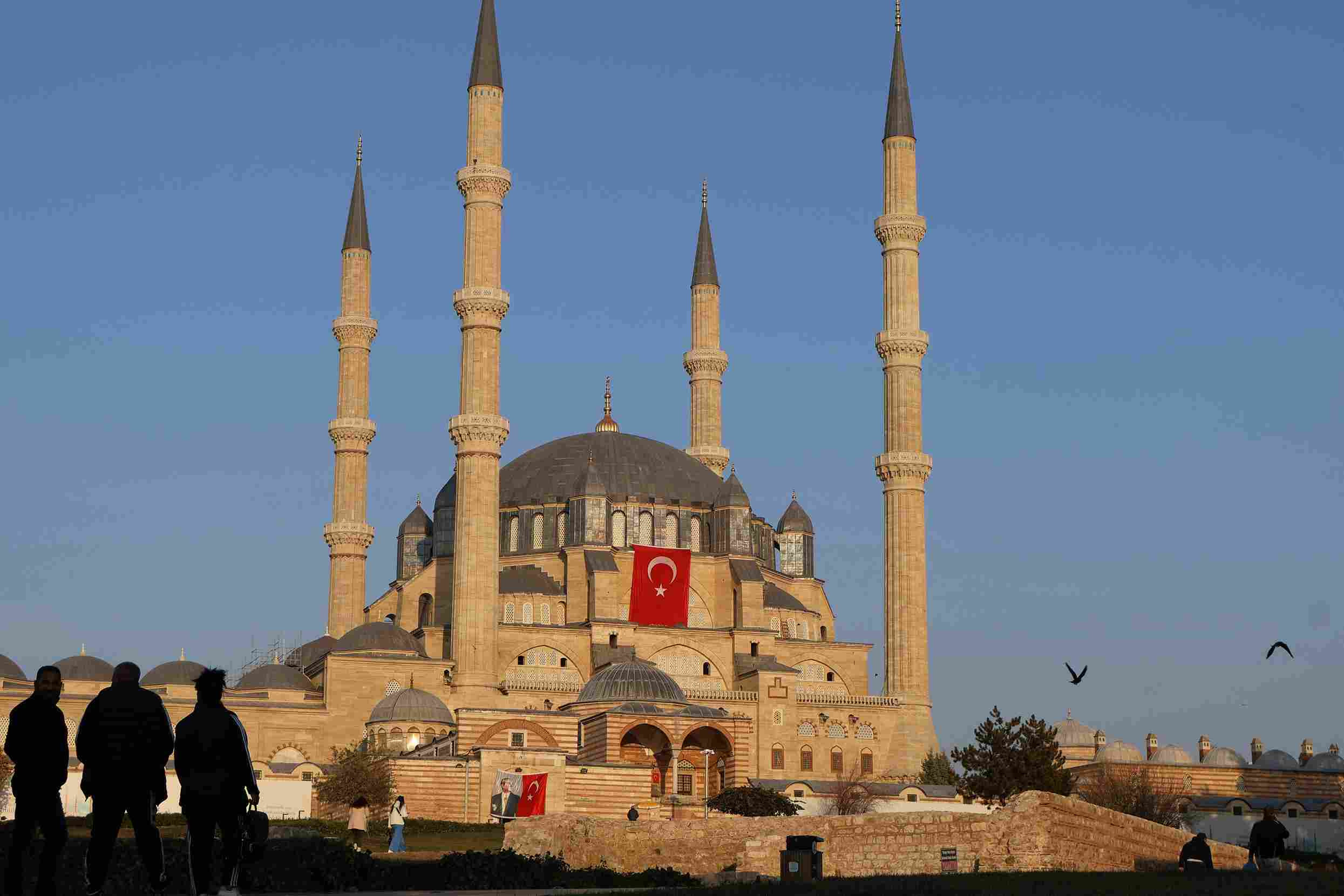 Selimiye Mosque four minarets Turkish flag Edirne Turkey UNESCO