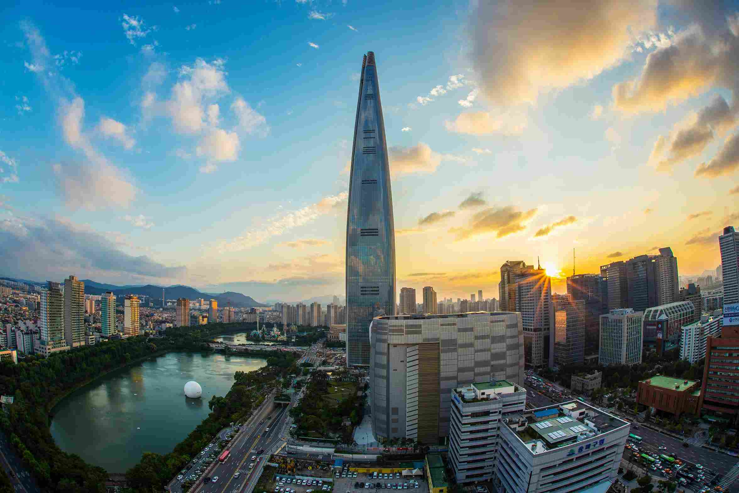 Lotte World Tower aerial sunset Seoul South Korea city skyline